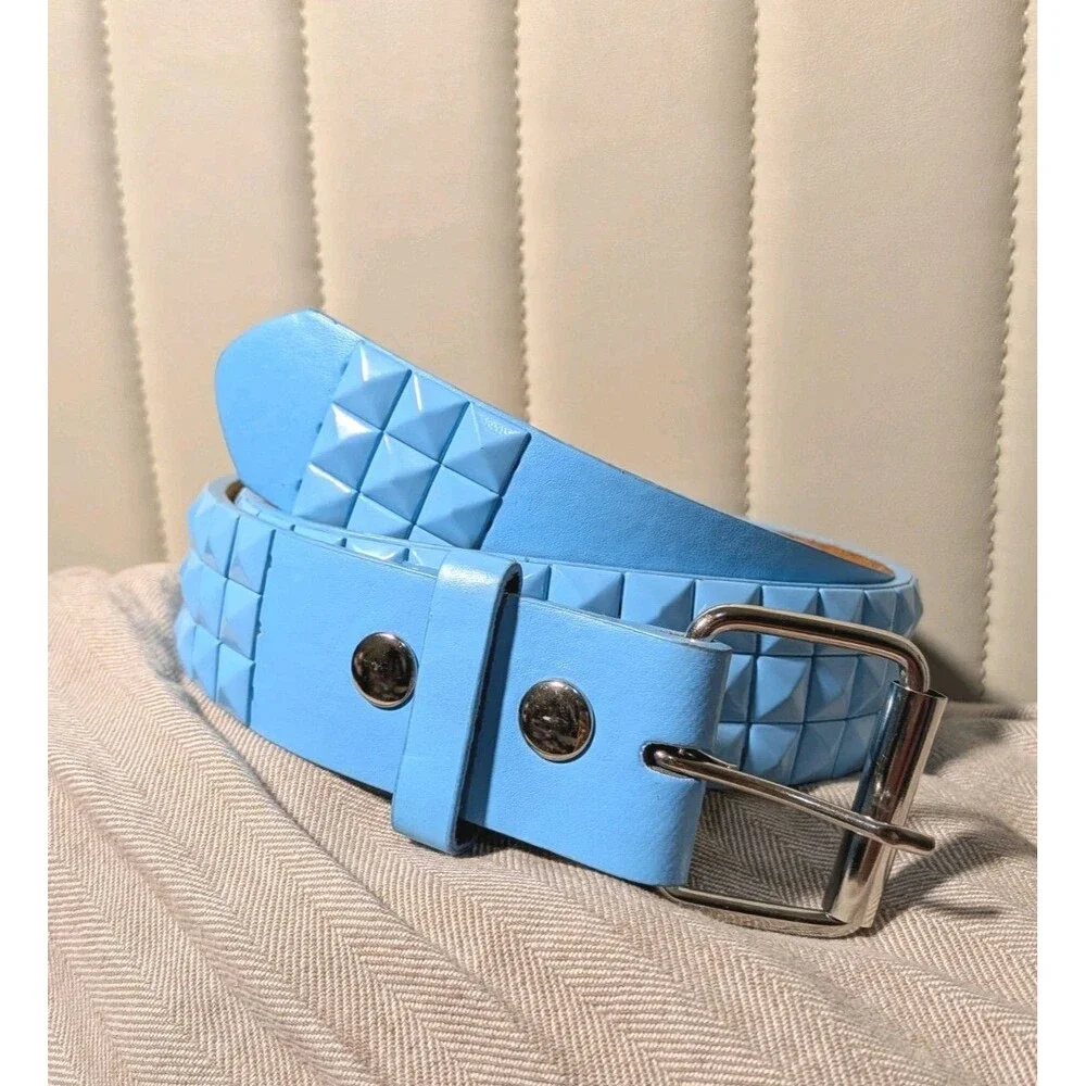 Snap Punk Rock Star Skate Pyramid Studded Checker Board Leather Light Blue Belt